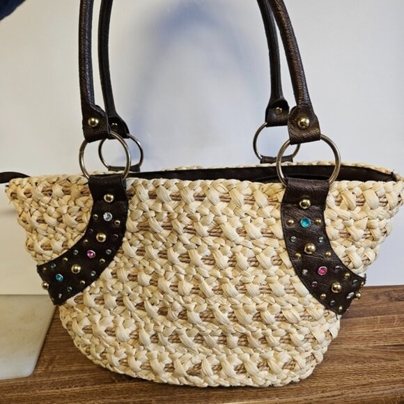 Straw Basket Weave with Rhinestones Tote Bag - Picture 3 of 5